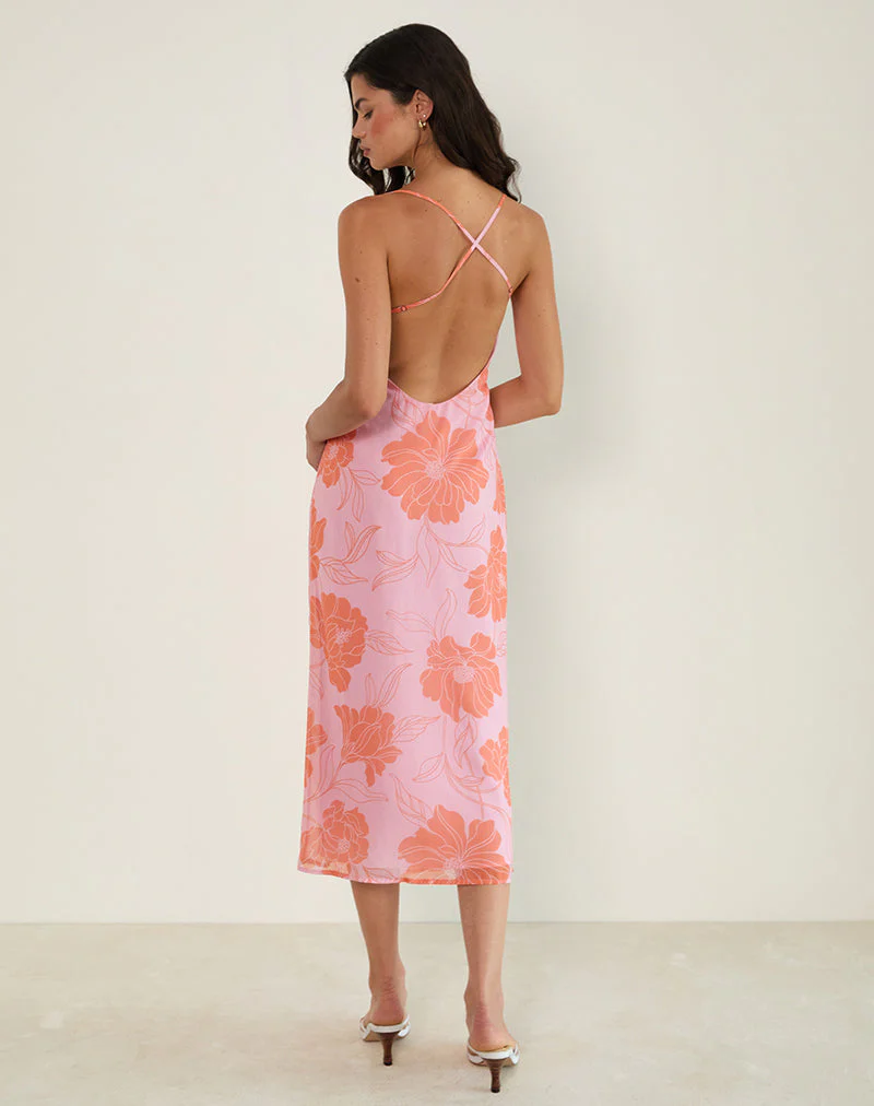 Rujira Midikleid mit Kragen in Rosa-Orange mit Blumenmuster - Image 2