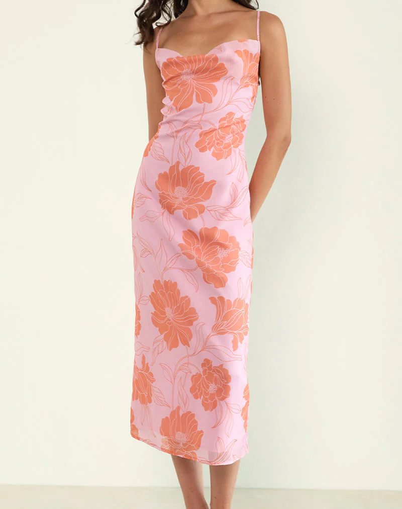Rujira Midikleid mit Kragen in Rosa-Orange mit Blumenmuster - Image 3