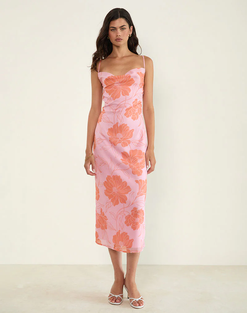 Rujira Midikleid mit Kragen in Rosa-Orange mit Blumenmuster - Image 4