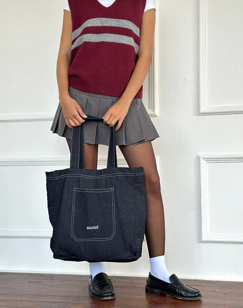Ruka Tote Bag in Denim Indigo mit weißer Motel-Stickerei - Image 2