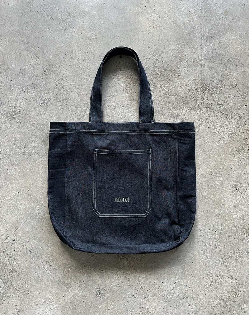 Ruka Tote Bag in Denim Indigo mit weißer Motel-Stickerei - Image 3