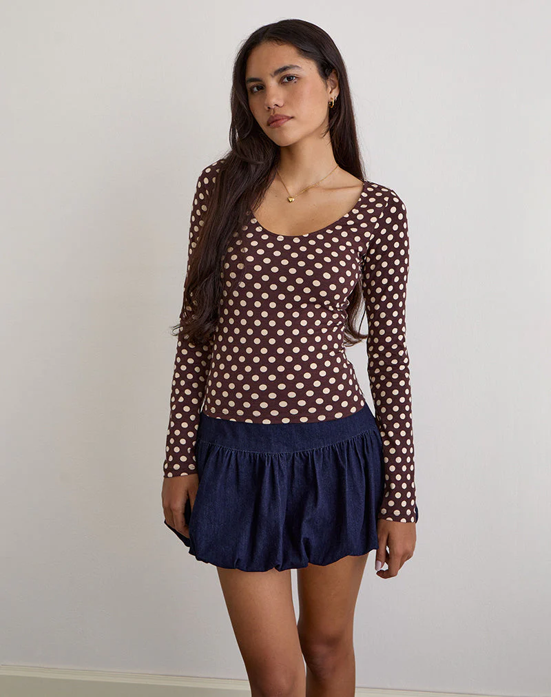 Rumini Langarm-Top in Braun mit kleiner Polka-Creme - Image 3