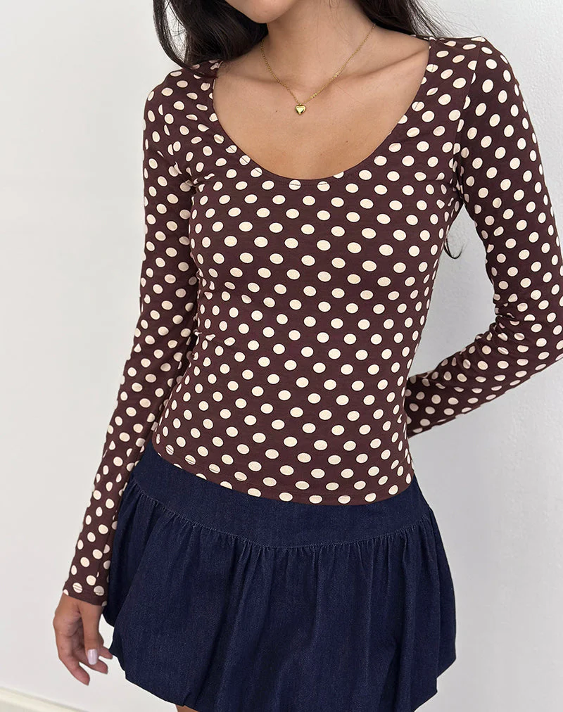 Rumini Langarm-Top in Braun mit kleiner Polka-Creme - Image 4