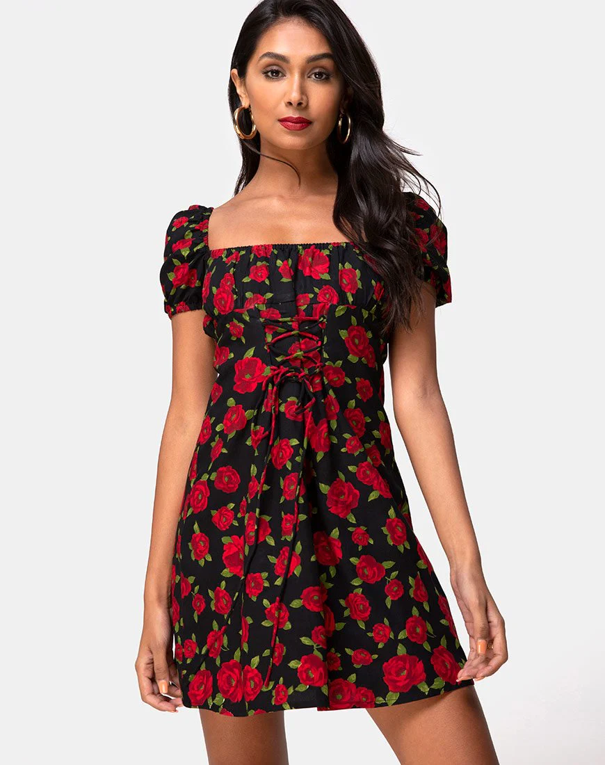 Ruzenta Minikleid in Roaming Rose Schwarz