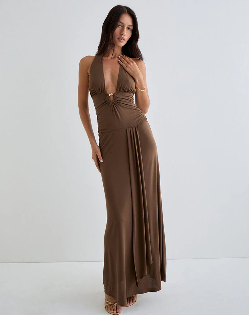 Ryoko Maxikleid aus Cupro Dunkelbraun