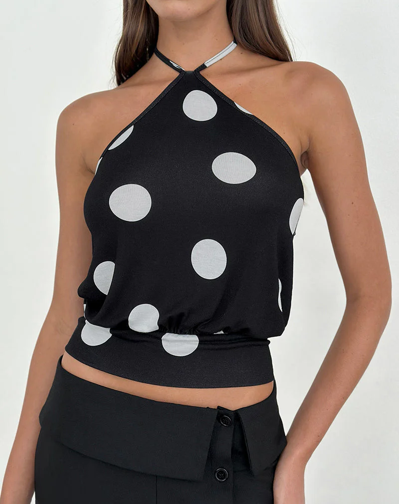 Saerin Neckholder-Top in Schwarz mit weißen Polka-Punkten