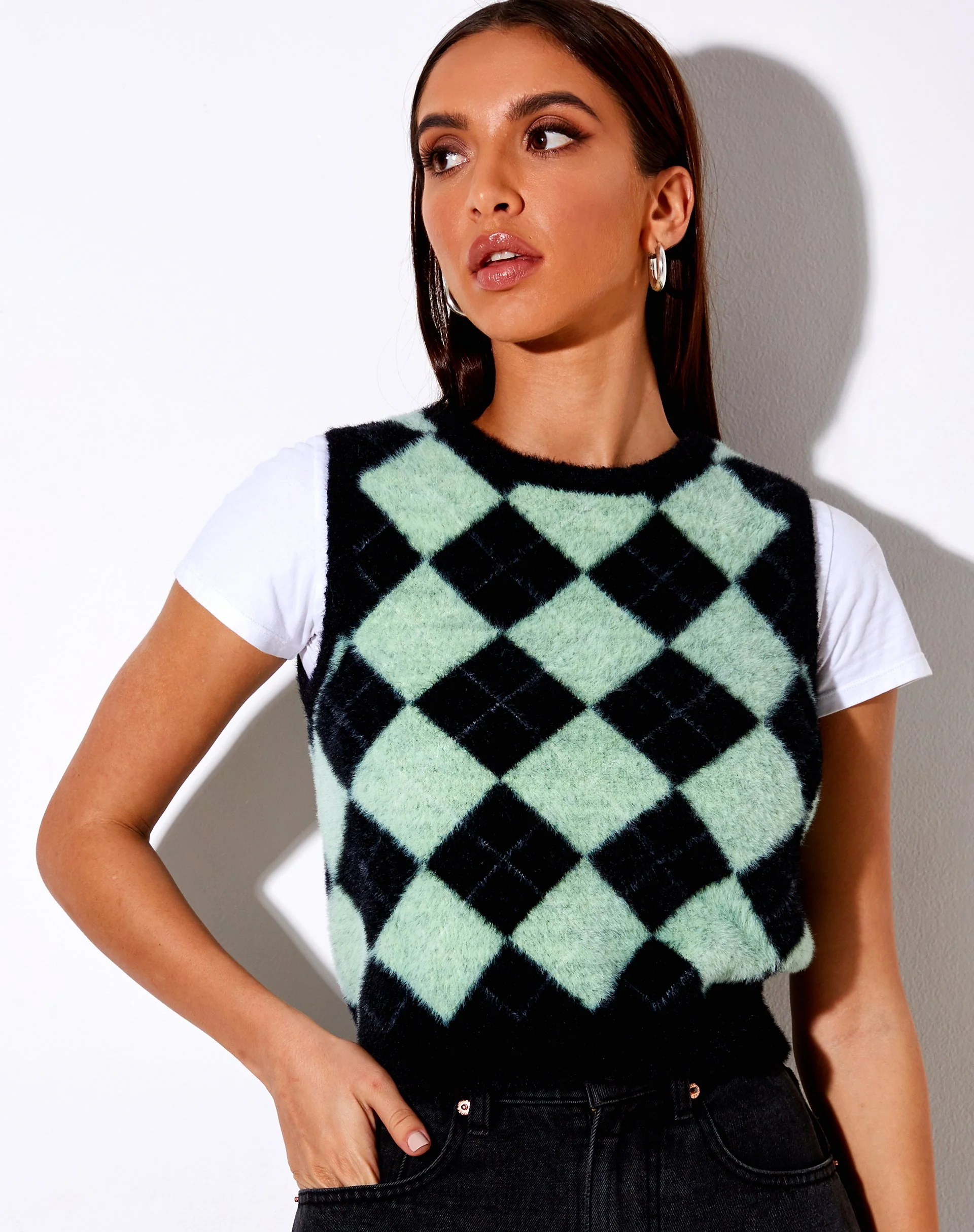 Saki Tank Top in Knit Diamond Schwarz und Grün - Image 2