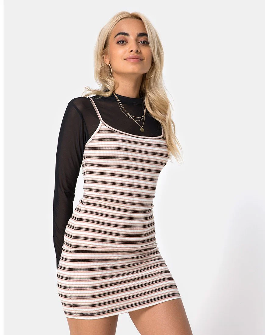 Saleh Bodycon Kleid aus Rippenstreifen Creme Schwarz und Tan