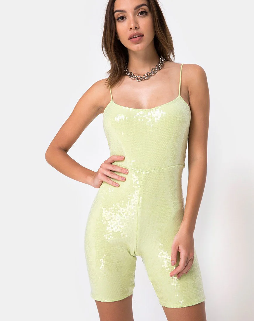 Saleta Unitard in Pistaziengrün mit durchsichtigen Pailletten