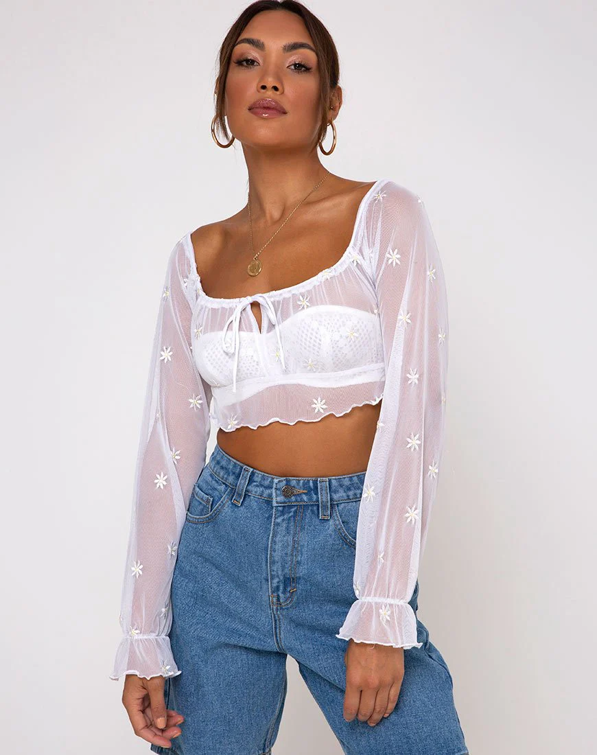 Salima Langarm-Top in Weiß Daisy Embro Weiß - Image 6