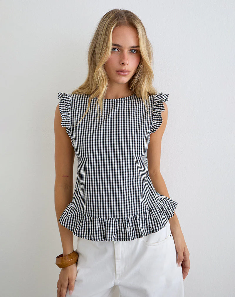 Salome Peplum Top in Mini Gingham Grey - Image 4