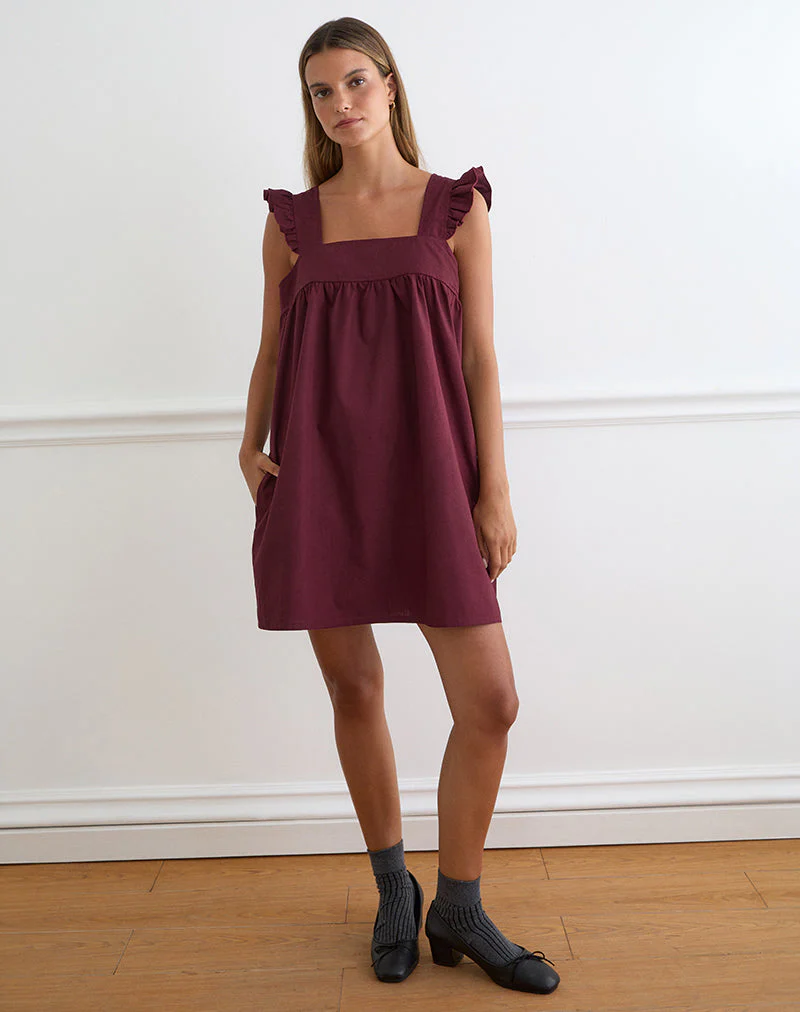 Sanaly Mini Dress in Poplin Maroon - Image 3
