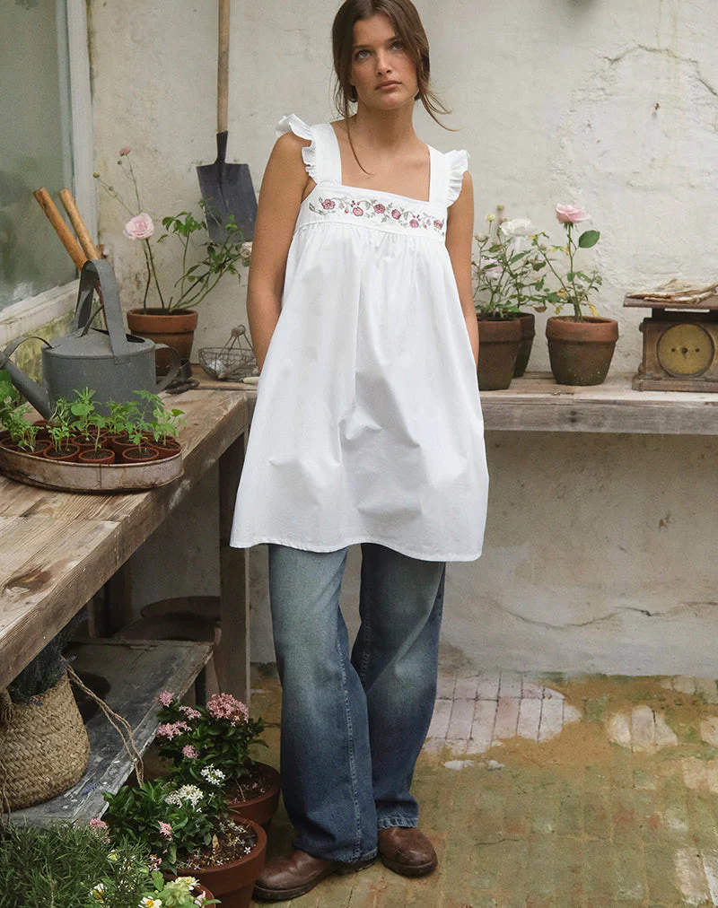 Sanaly Mini Dress in Poplin White with Cherry Blossom Embroidery - Image 2