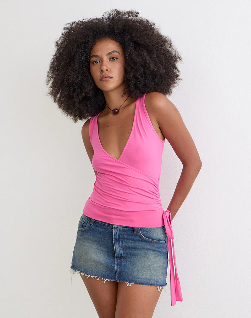 Saneya Plunge Top in Rayon Jersey Deep Pink - Image 3