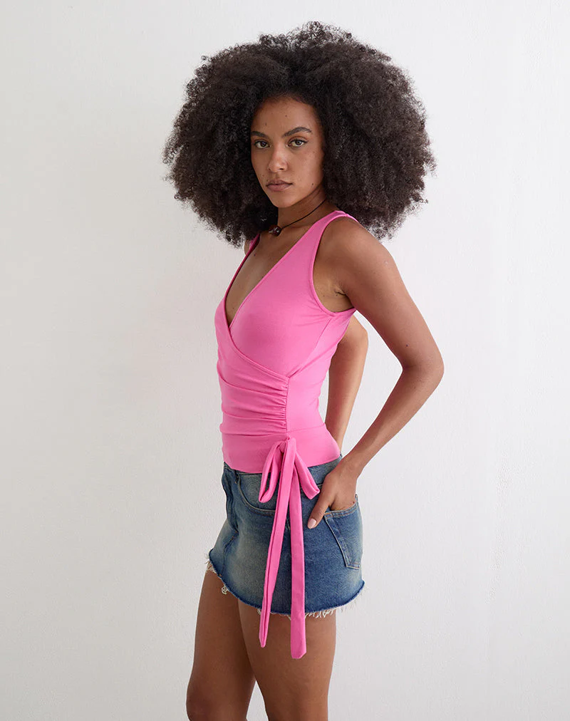 Saneya Plunge Top in Rayon Jersey Deep Pink - Image 5