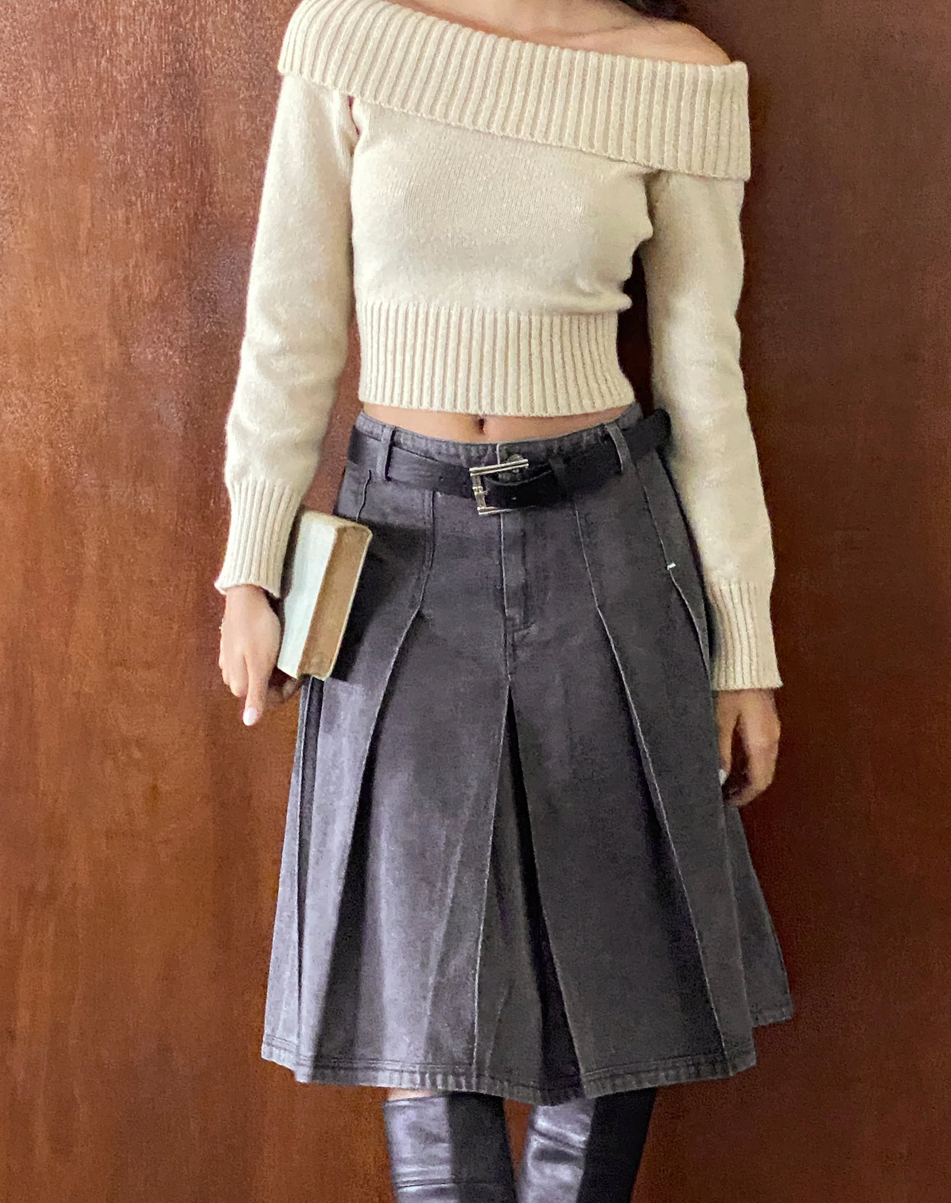 Sanjani Midirock aus Denim mit Falten in grauer Waschung - Image 3