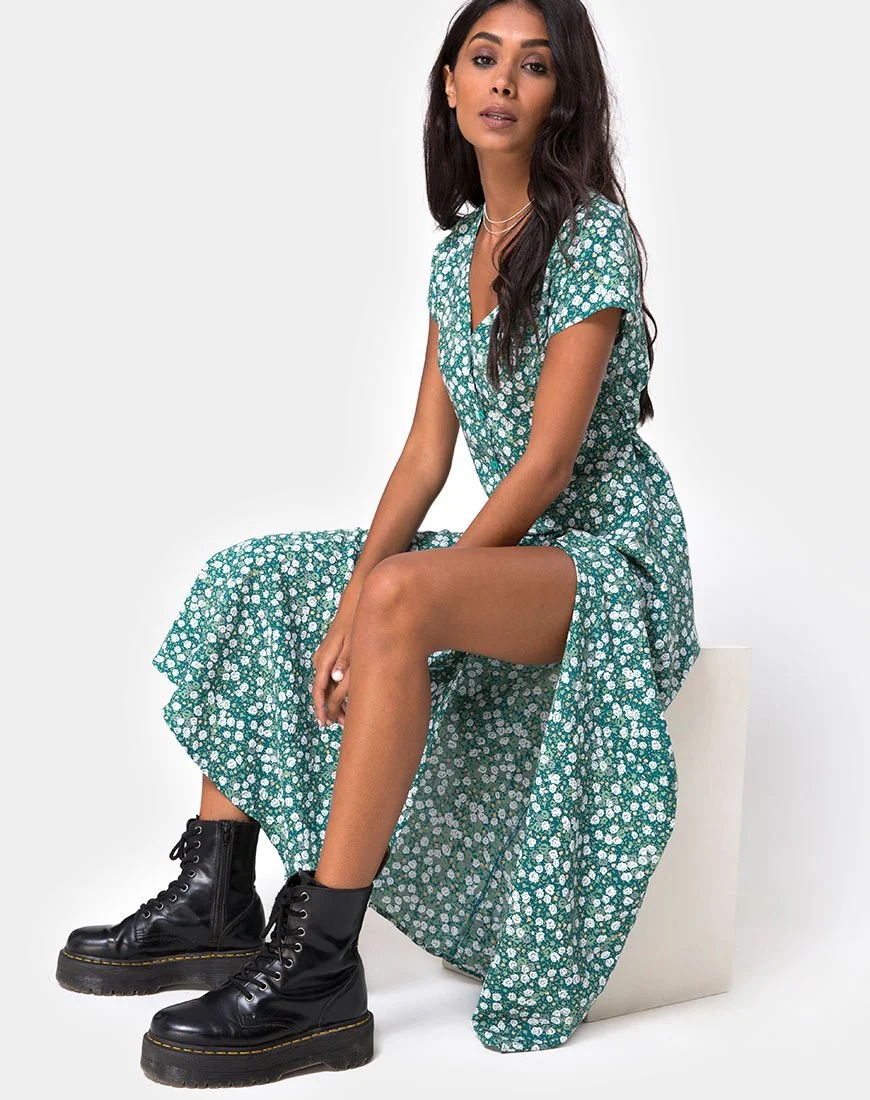 Sanrin Midikleid aus geblümtem Feldgrün