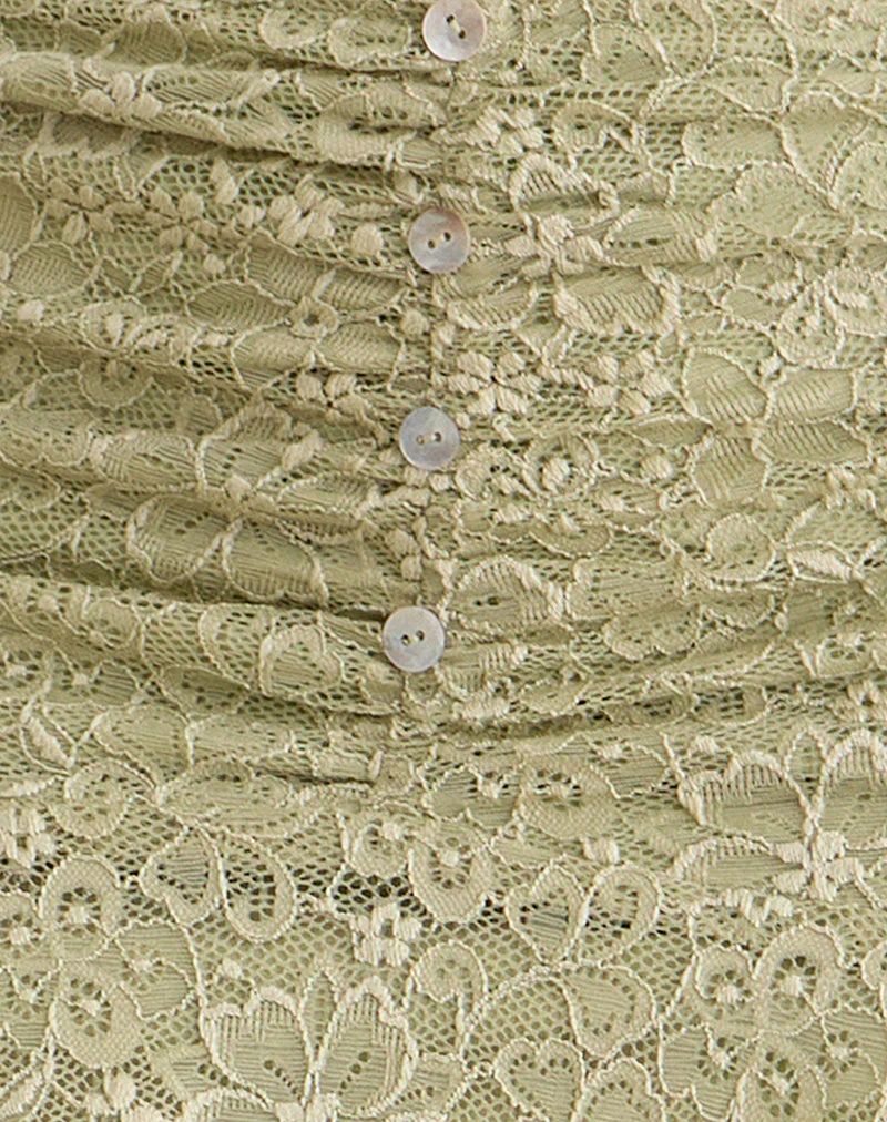 Sarahi Midi Skirt in Stretch Lace Sage with Pearl Buttons - Image 6