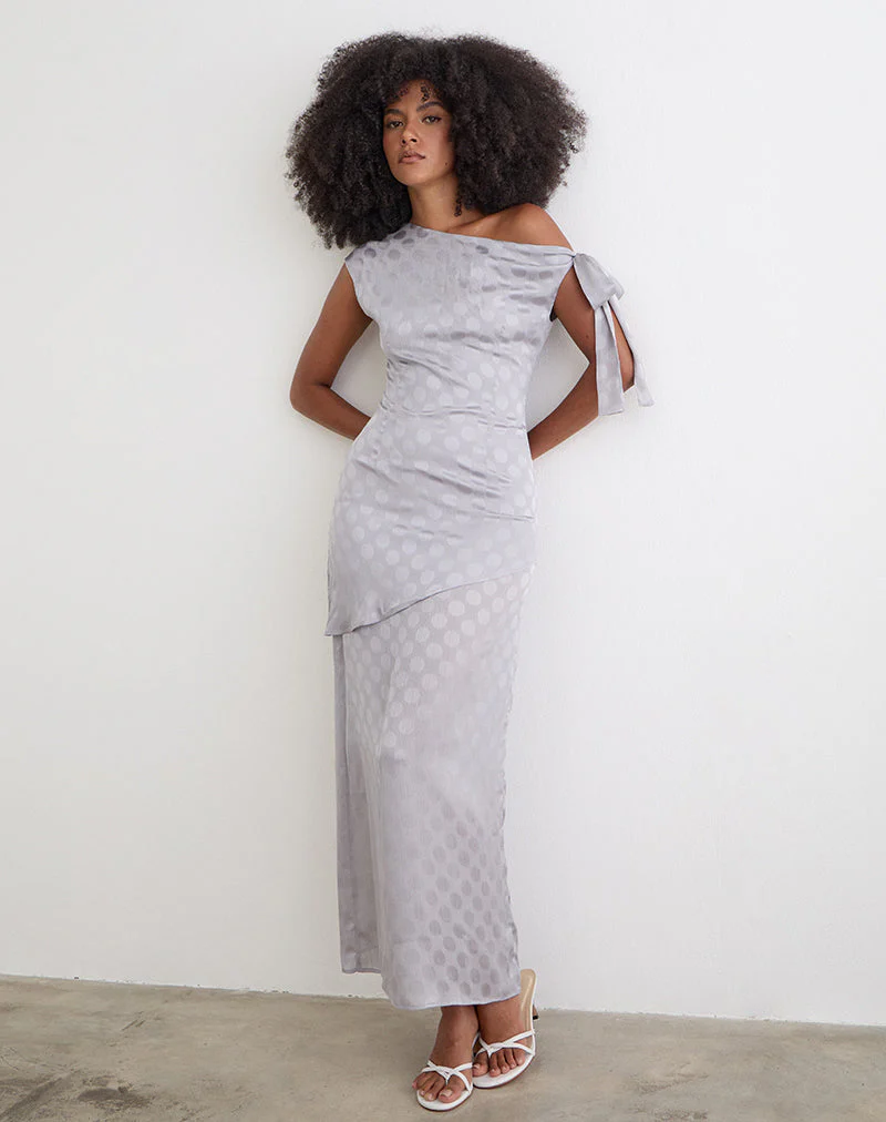 Sardian Maxi Dress in Chiffon Monochrome Silver Grey Polka - Image 3