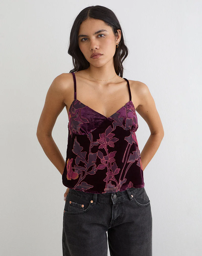 Sarinda Cami-Top in Floral Devore Burgundy