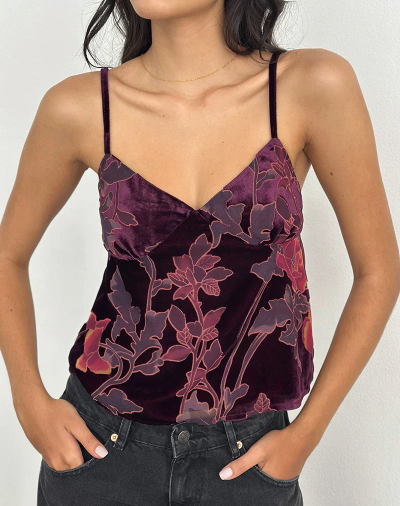 Sarinda Cami-Top in Floral Devore Burgundy - Image 3