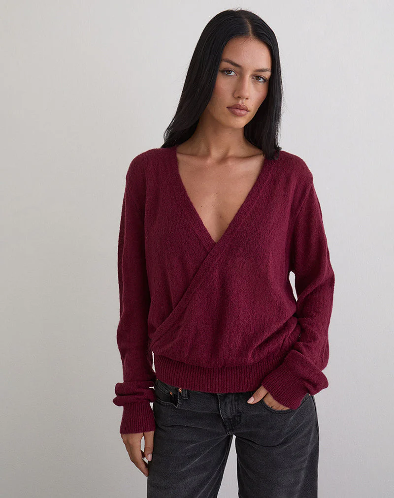 Saroya Plunge Wrap Top aus Strick in Weinrot - Image 3