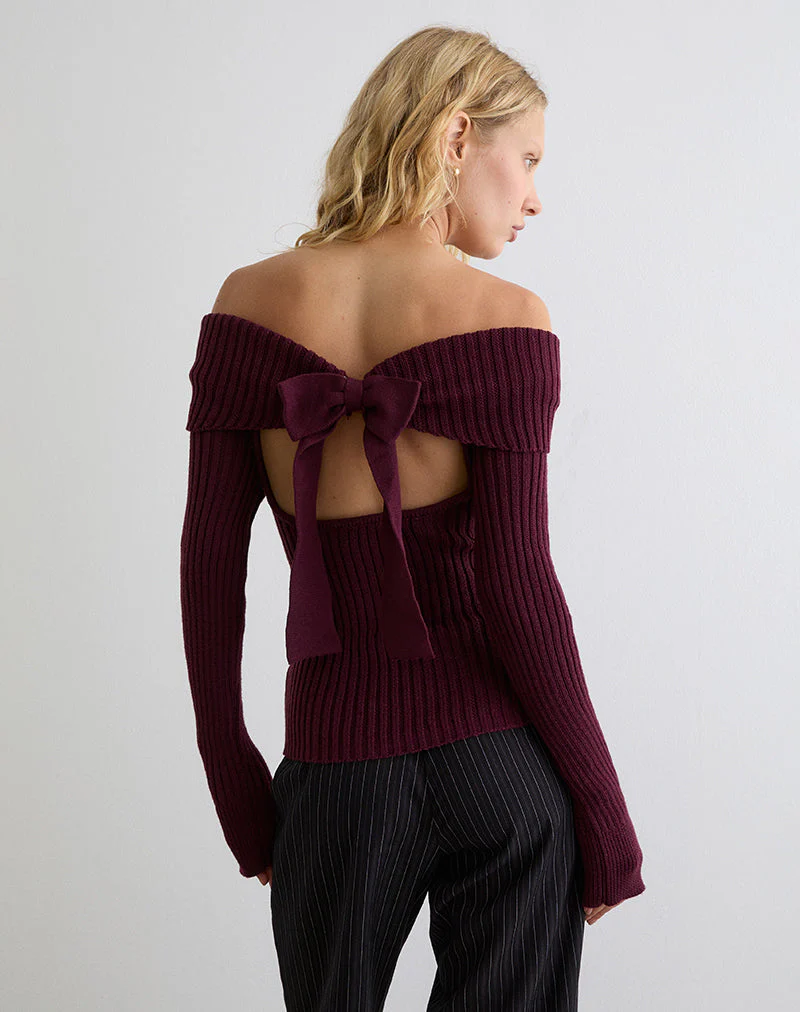 Saskia Bardot Oberteil mit Schleife in Dark Cherry - Image 2