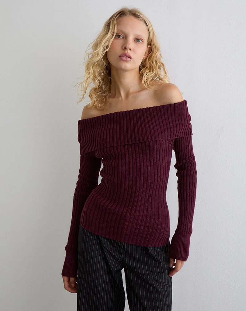 Saskia Bardot Oberteil mit Schleife in Dark Cherry - Image 4