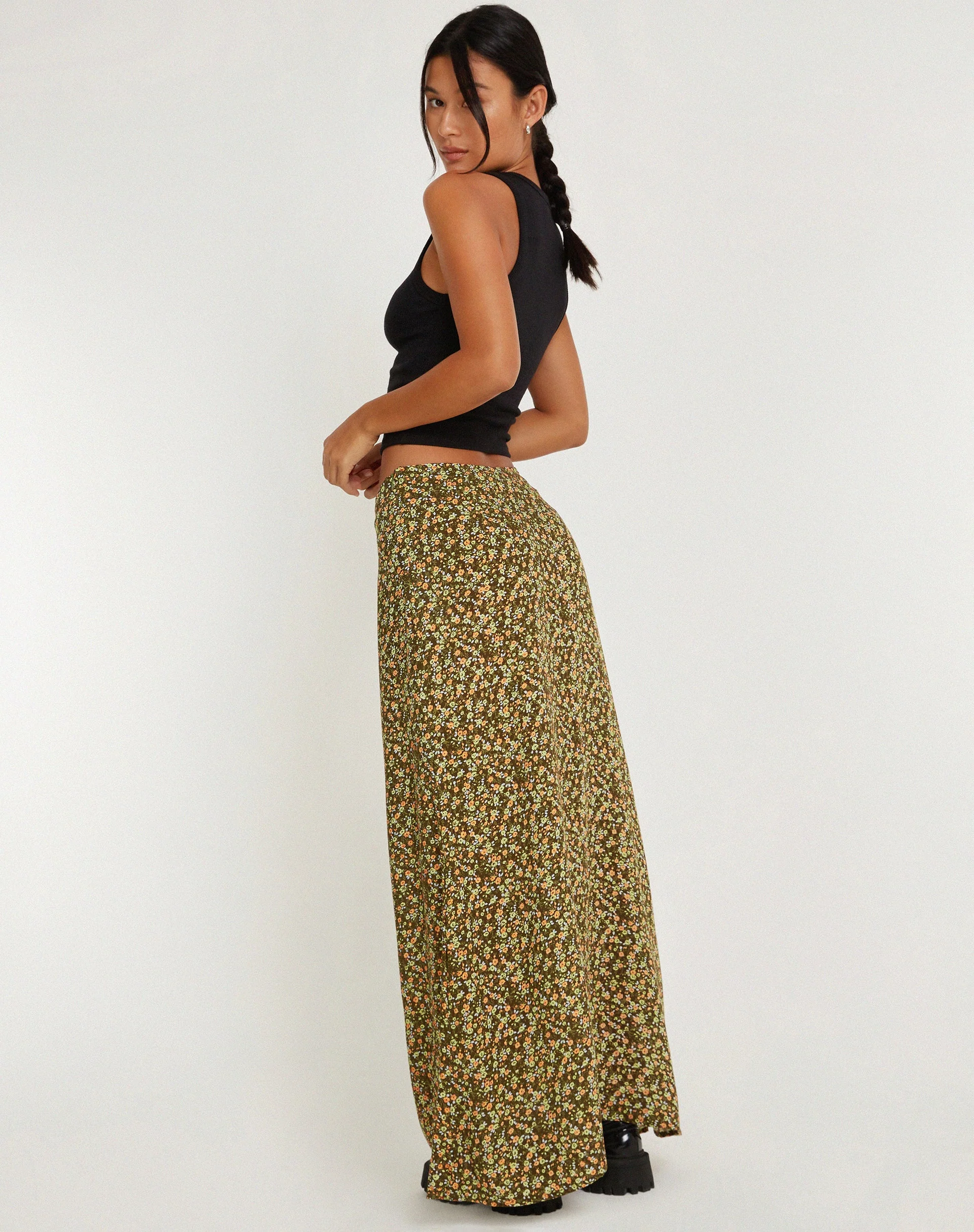 Sayan Maxirock in Khaki mit Grunge-Blumenmuster - Image 2