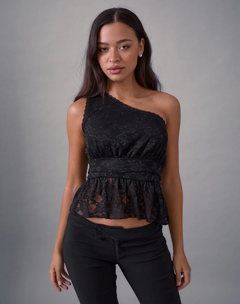 Sayong One Shoulder Top aus floraler Spitze Schwarz