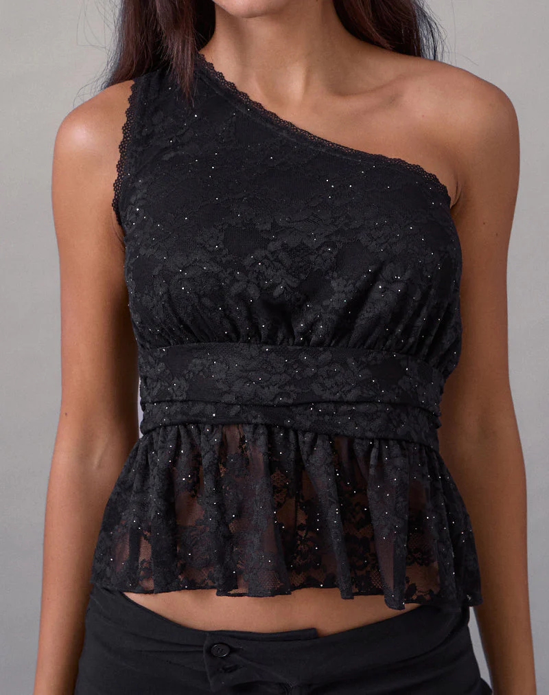 Sayong One Shoulder Top aus floraler Spitze Schwarz - Image 2