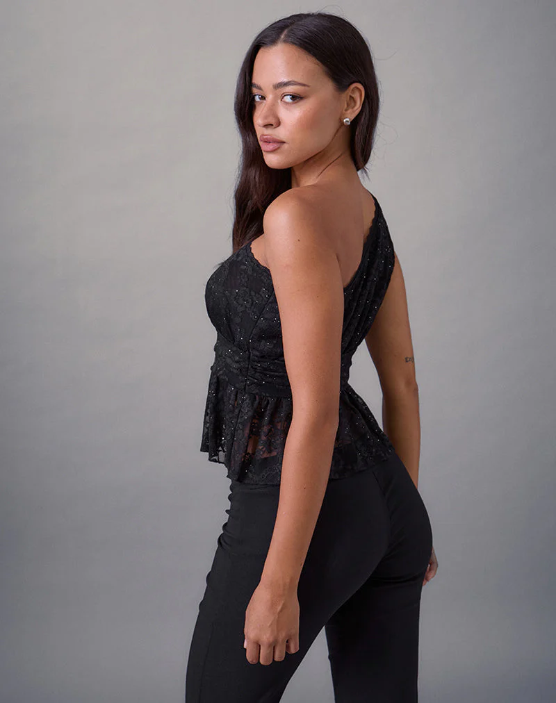 Sayong One Shoulder Top aus floraler Spitze Schwarz - Image 5