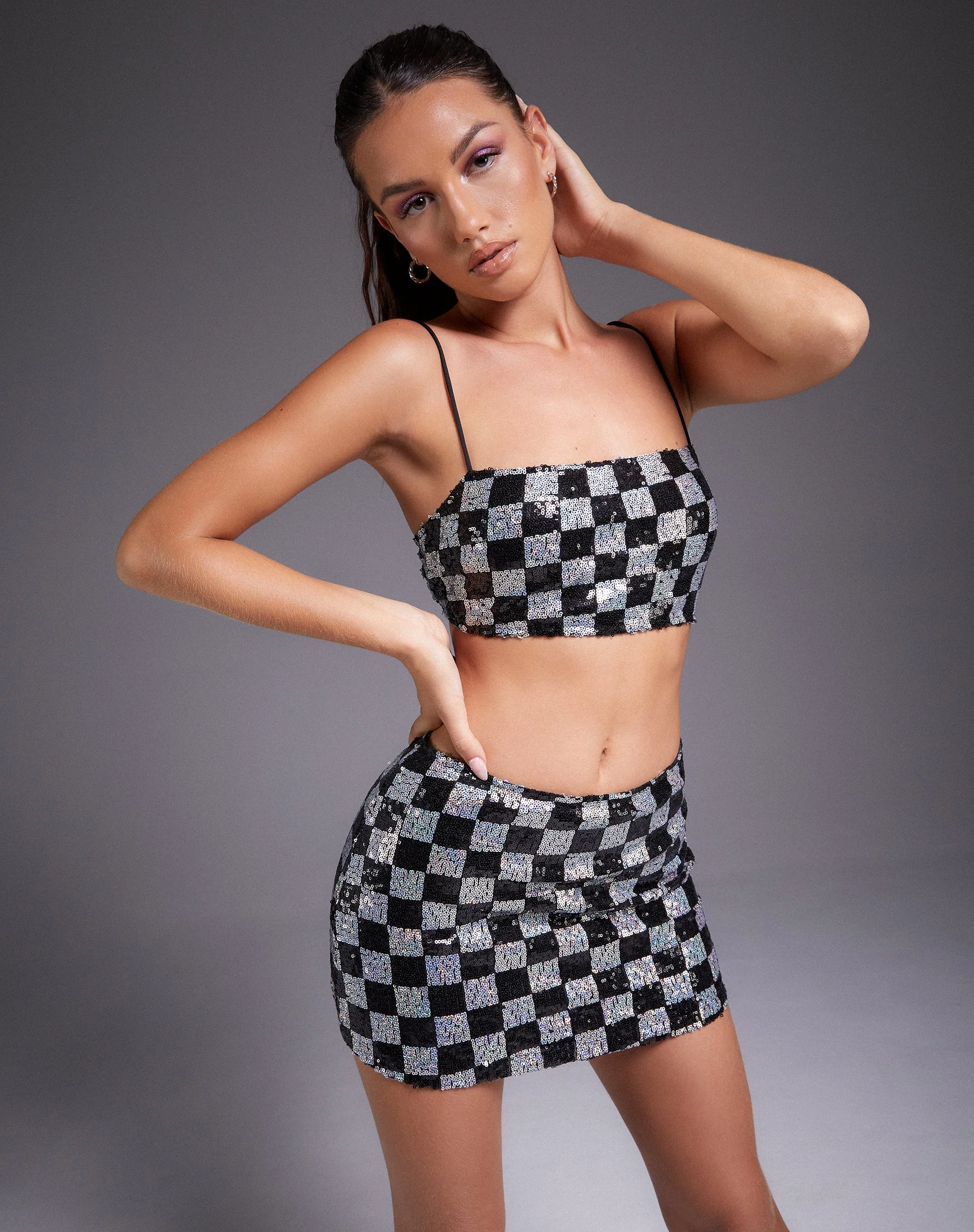 Sazip Minirock aus Pailletten im Schachbrettmuster Schwarz und Silber