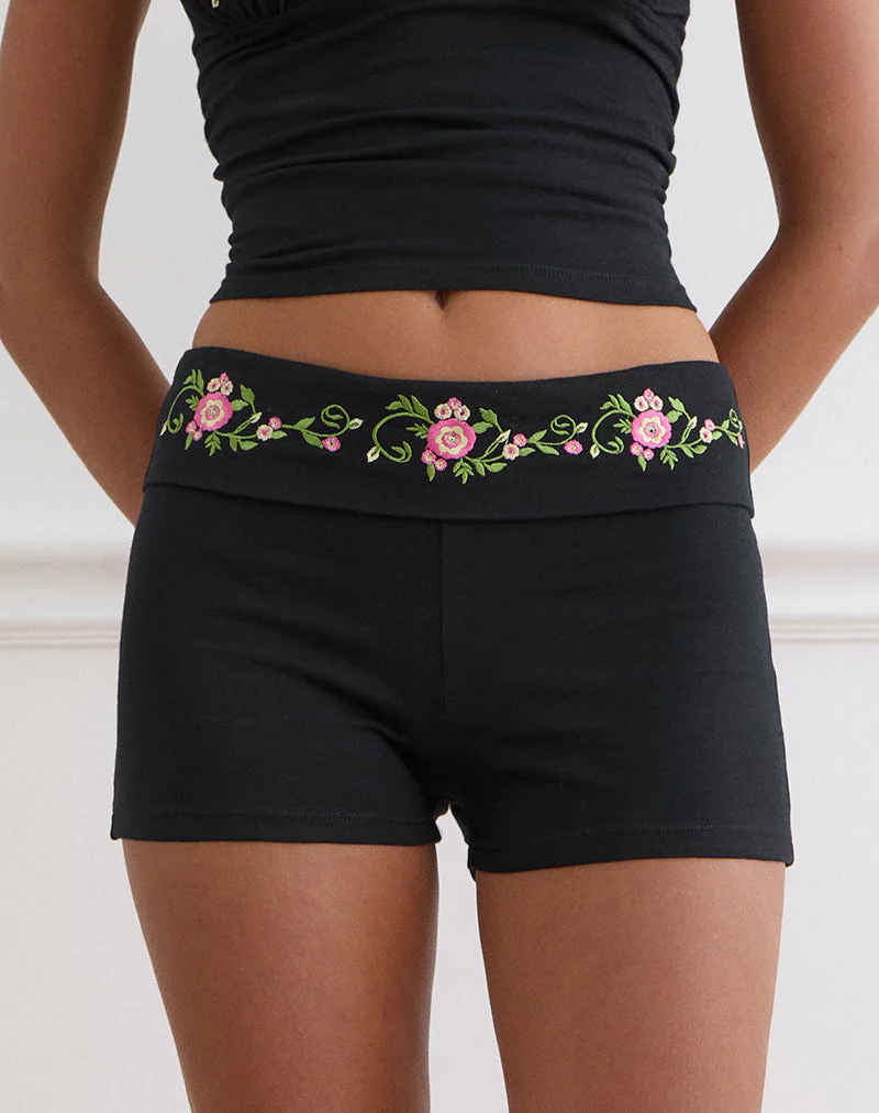 Sea Foldover Short in Black with Swirly Floral Embroidery - Image 2
