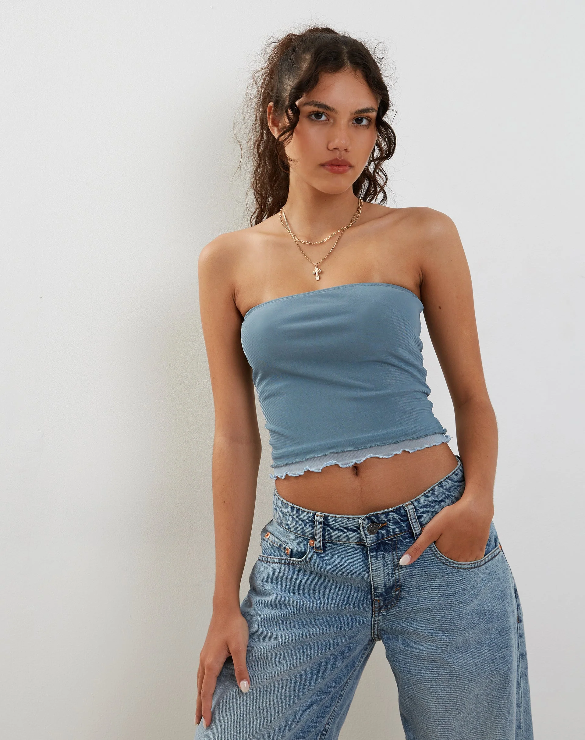 Seka Bandeau-Top aus Mesh Tonal Blau