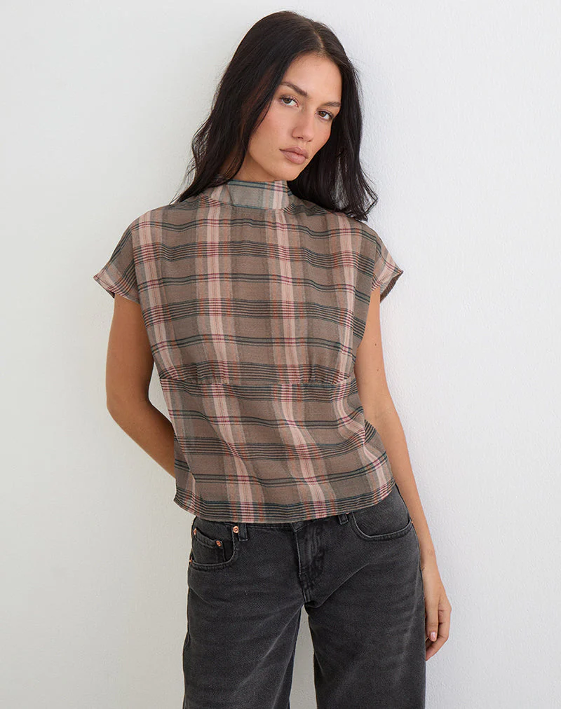 Sekala Top in Braun und Rosa mit verschwommenem Karomuster
