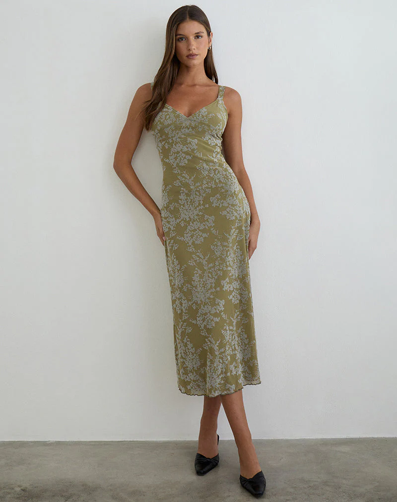 Selayu Midikleid in Moosblüte-Oliv