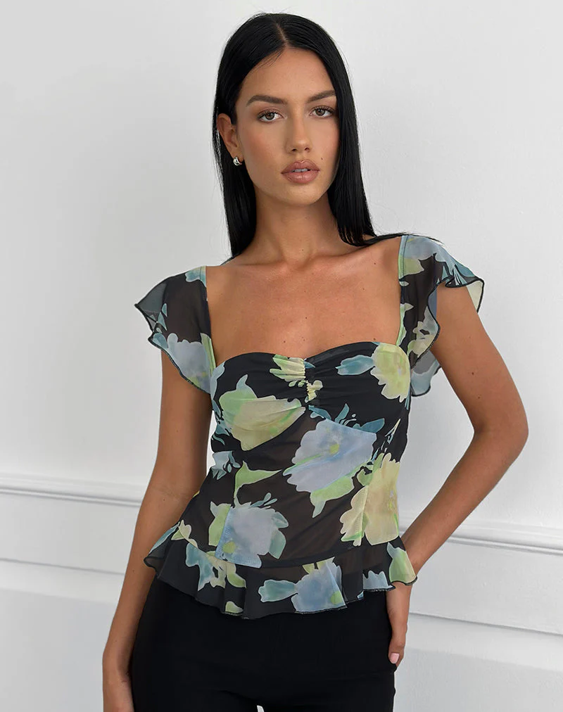 Selita Top aus schwarzem Chiffon mit Kristallblumenprint - Image 2