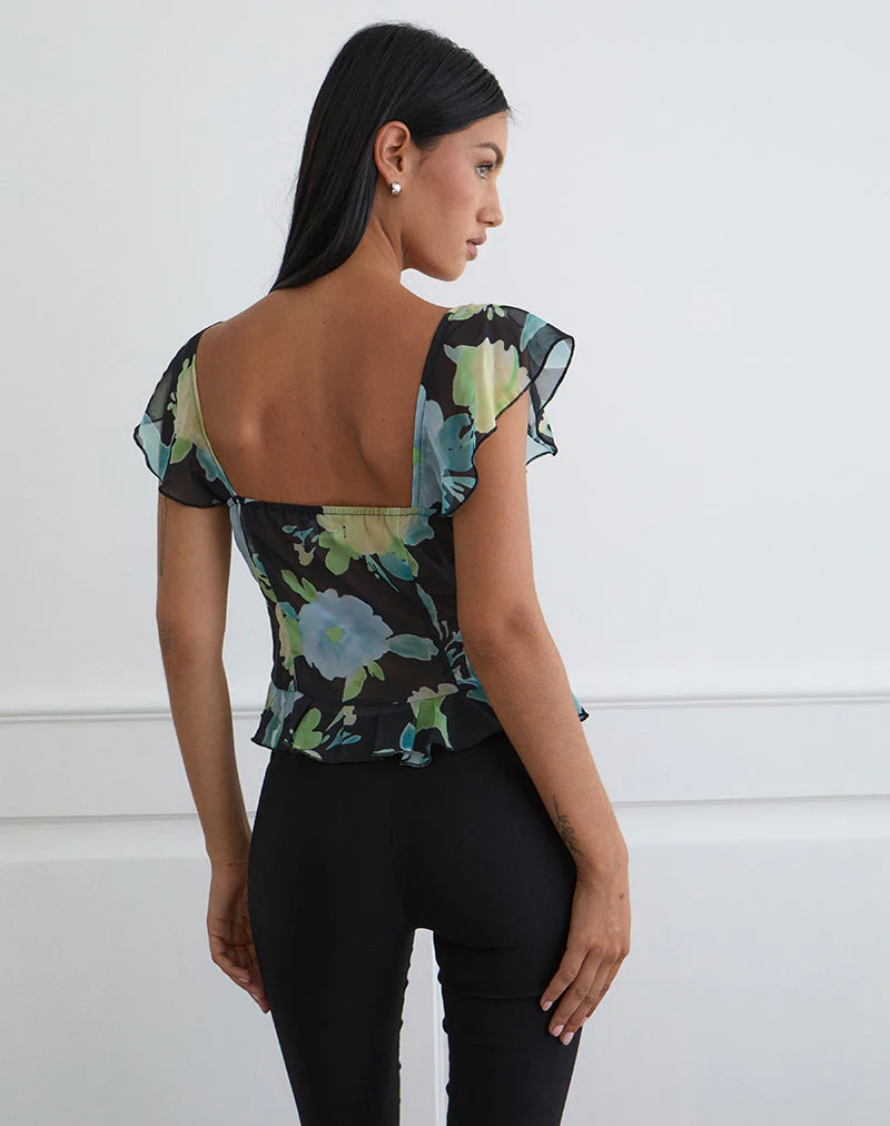 Selita Top aus schwarzem Chiffon mit Kristallblumenprint - Image 3