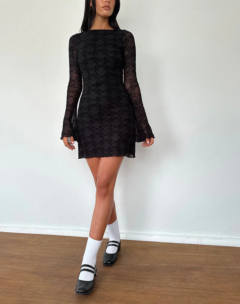 Sevila Langärmeliges Minikleid in Schwarz Queen of Heart Flock - Image 5