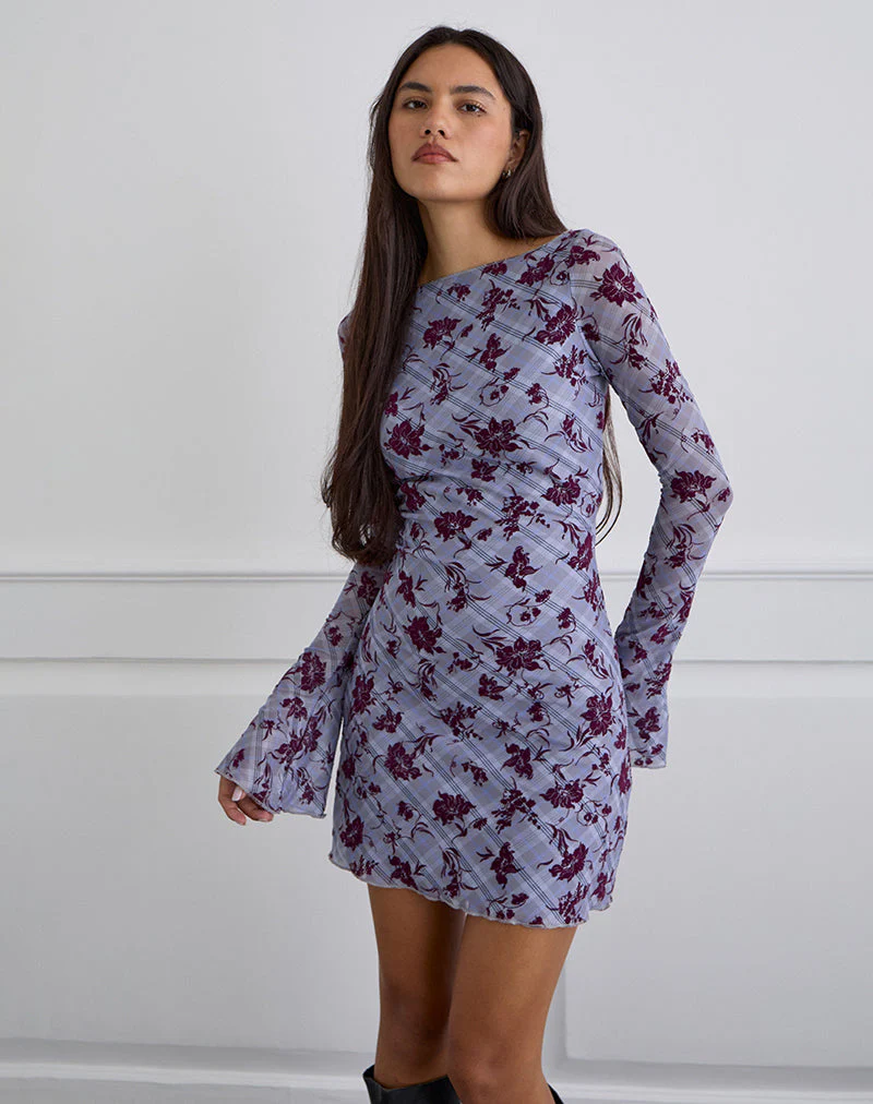 Sevila Langärmeliges Minikleid in Lavendel mit Lotusflockkaro - Image 2