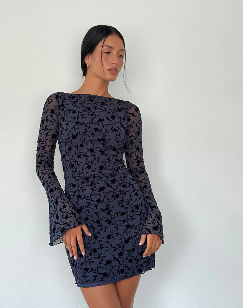 Sevila Langärmeliges Minikleid aus beflocktem Blütenblatt Navy