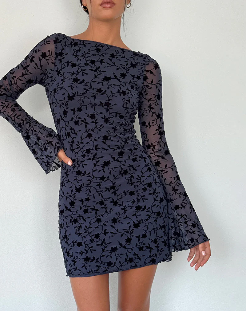 Sevila Langärmeliges Minikleid aus beflocktem Blütenblatt Navy - Image 2