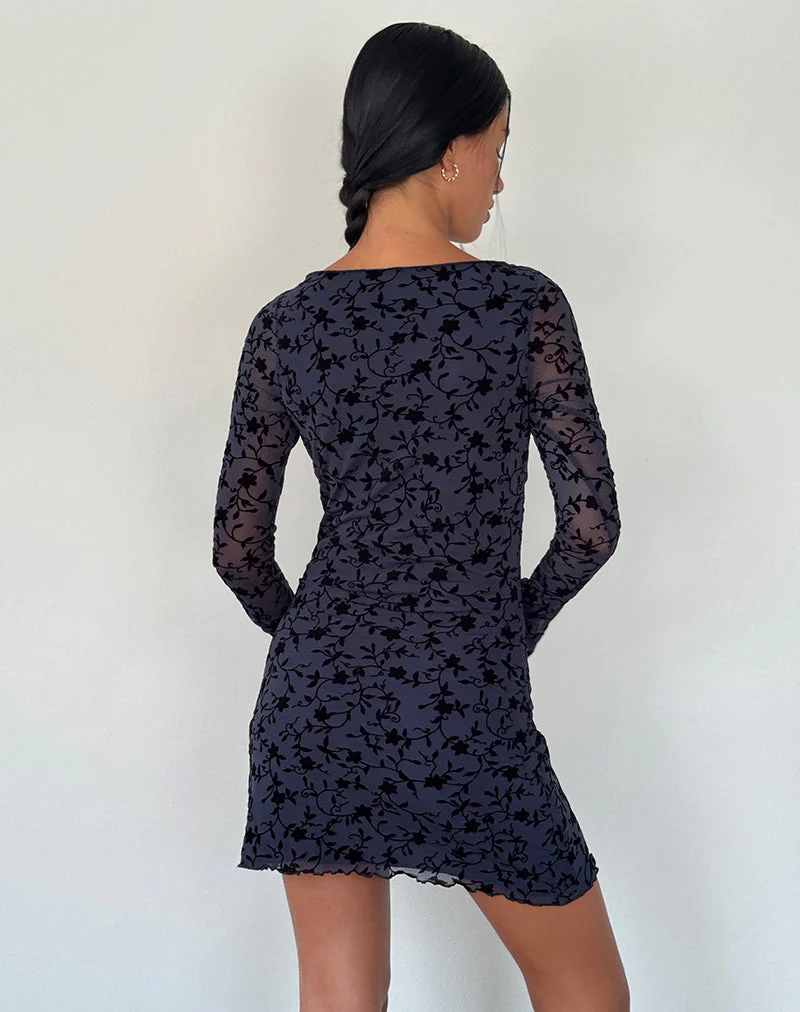 Sevila Langärmeliges Minikleid aus beflocktem Blütenblatt Navy - Image 4