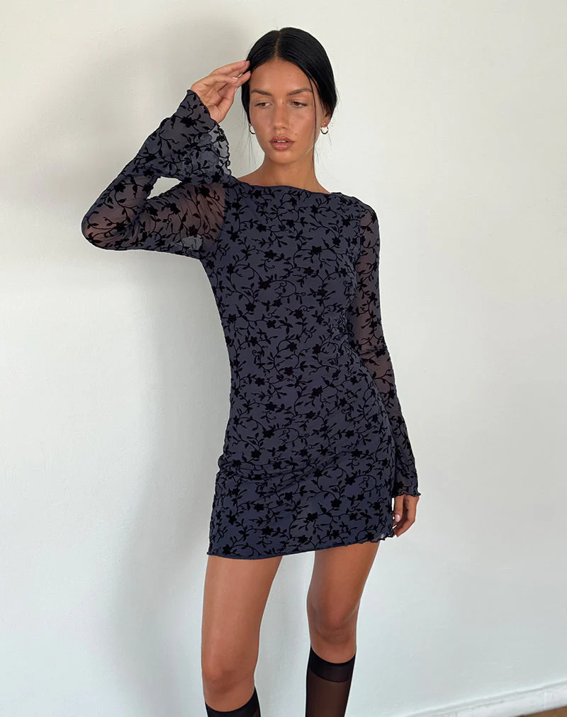 Sevila Langärmeliges Minikleid aus beflocktem Blütenblatt Navy - Image 5