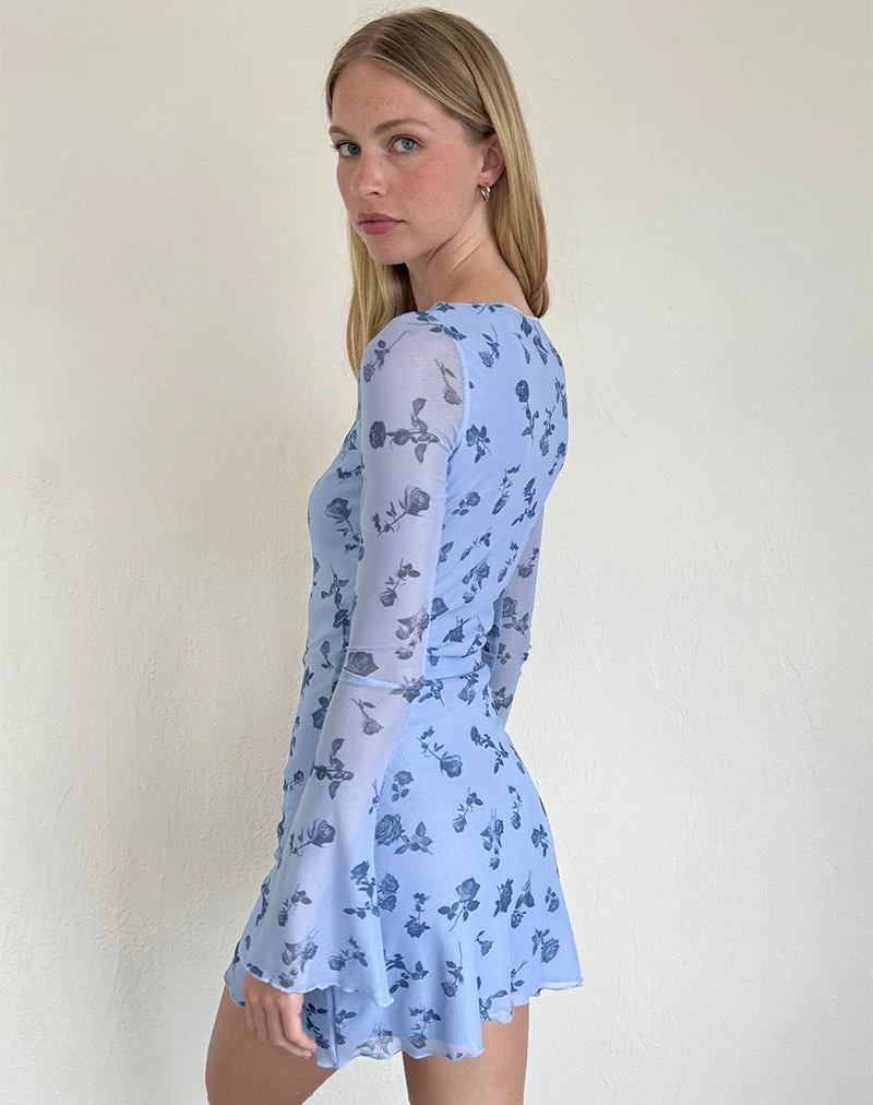 Sevila Langärmeliges Minikleid aus geblümtem Mesh in Dunkelblau - Image 4
