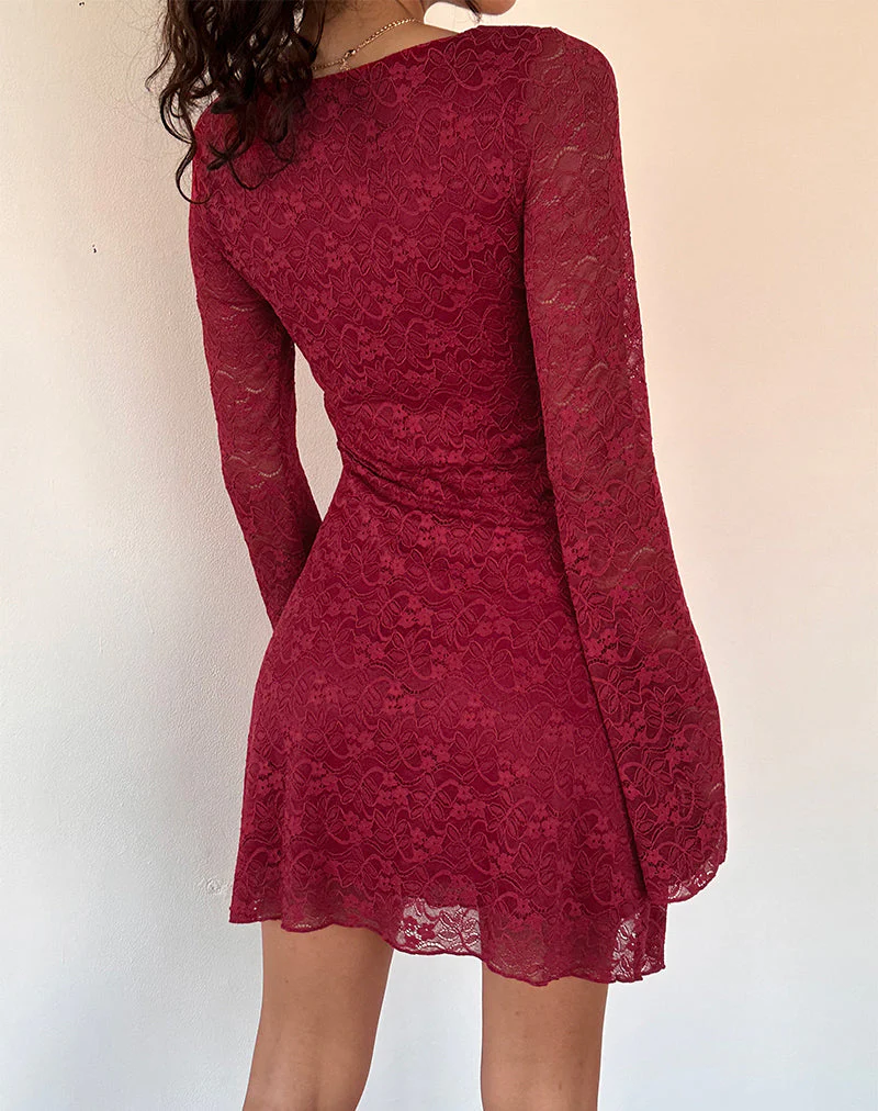 Sevila Langärmeliges Minikleid aus tiefroter Spitze - Image 5