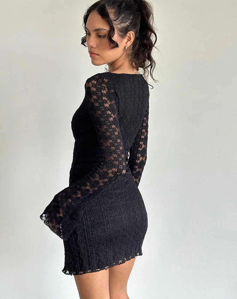 Sevila Langärmeliges Minikleid aus königlicher Spitze Schwarz - Image 4