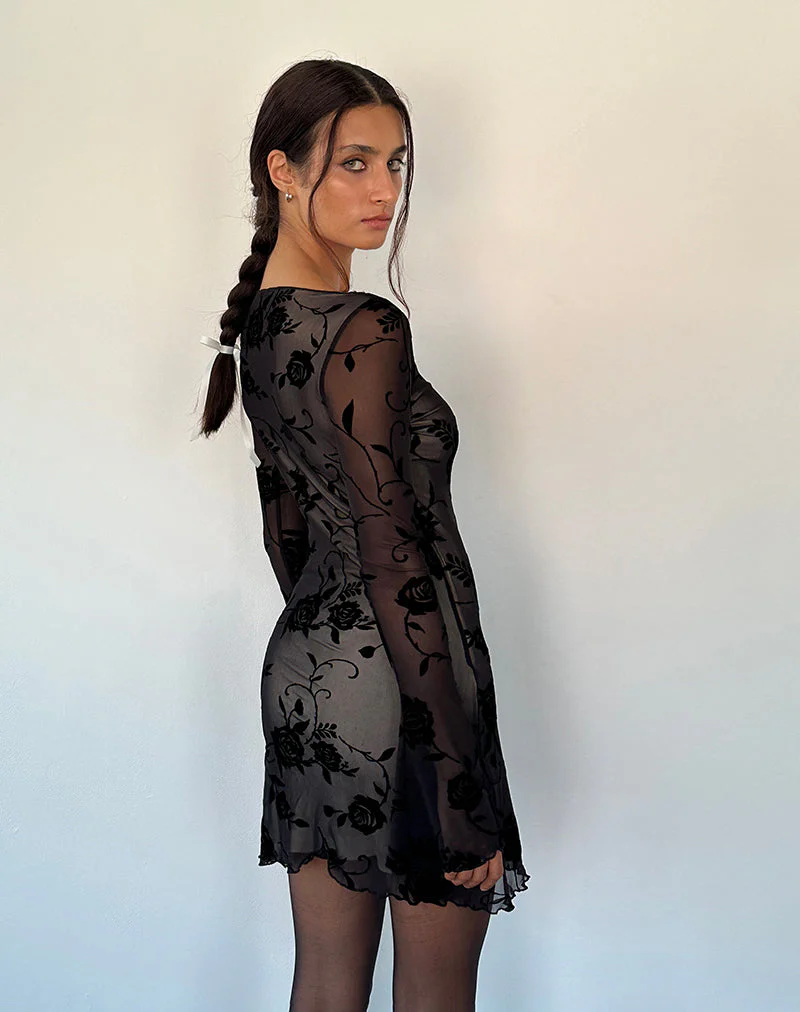 Sevila Langärmeliges Minikleid aus schwarzem Rosenflock - Image 3