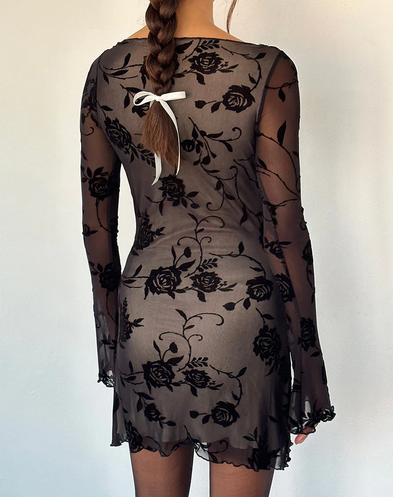 Sevila Langärmeliges Minikleid aus schwarzem Rosenflock - Image 4
